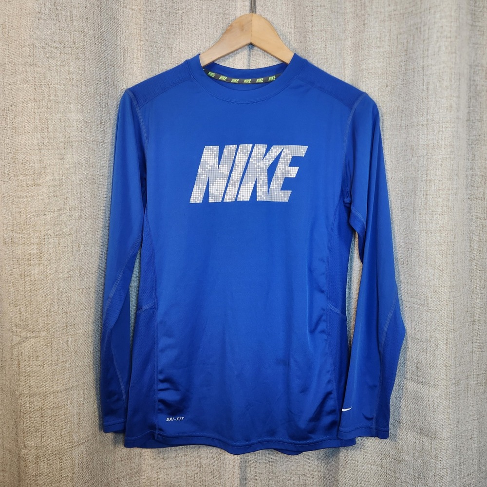 Nike Boys Dri-FIT Junior XL Blue Long Sleeve Graphic Training Shirt Digi Pattern